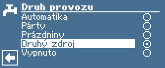 Menu druh provozu - druhý zdroj (regulátor Luxtronik)