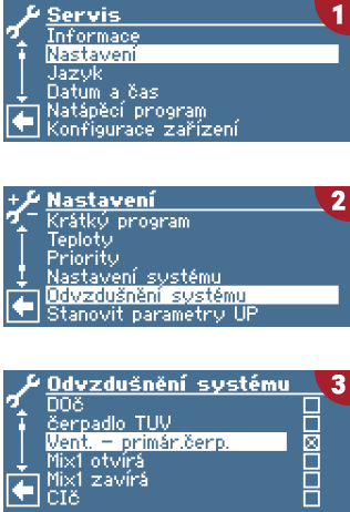 Menu nastavení - odvzdušnění systému (regulátor Luxtronik)